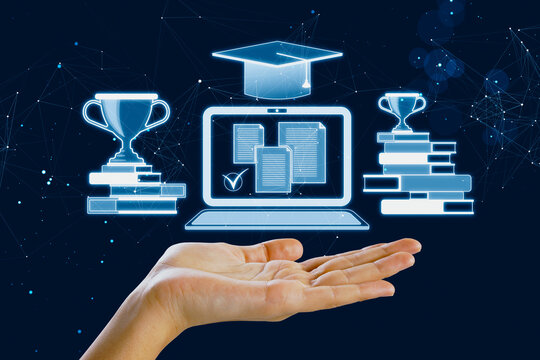 E-learning education, internet lessons and webinar concept with digital trophy cups on book stacks, graduation cup and laptop screen with task lists above human hand on dark technological background