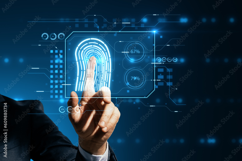 Poster Security and control, biometric identity and validation concept with man hand on virtual touch screen with digital fingerprint and private information background
