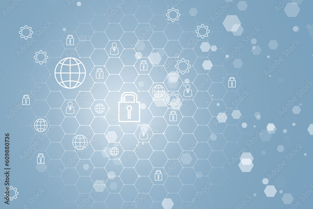 Poster Creative blue security landing page background with hexagons and other icons. 3D Rendering.