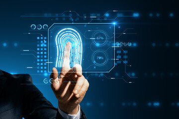 Security and control, biometric identity and validation concept with man hand on virtual touch screen with digital fingerprint and private information background