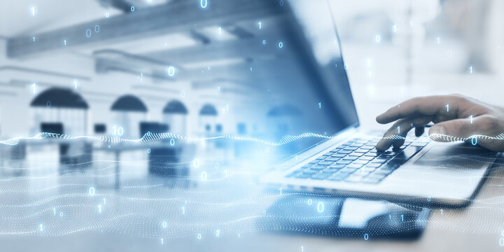 Wide image of male hand using laptop on abstract blurry office background with binary coding and digital wave. Big data and technology concept. Double exposure.
