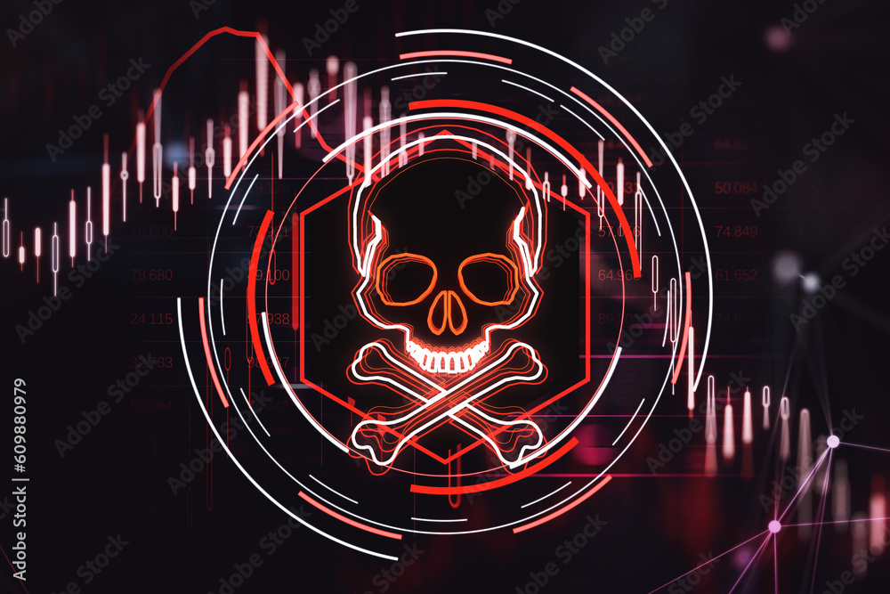 Poster global financial crisis creative illustration with falling down financial chart and red skull symbol