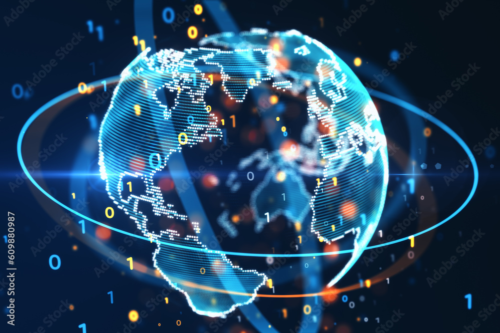 Poster Global digitalization concept with bright glowing planet globe with world map and binary code numbers in virtual ring on dark background. 3D rendering