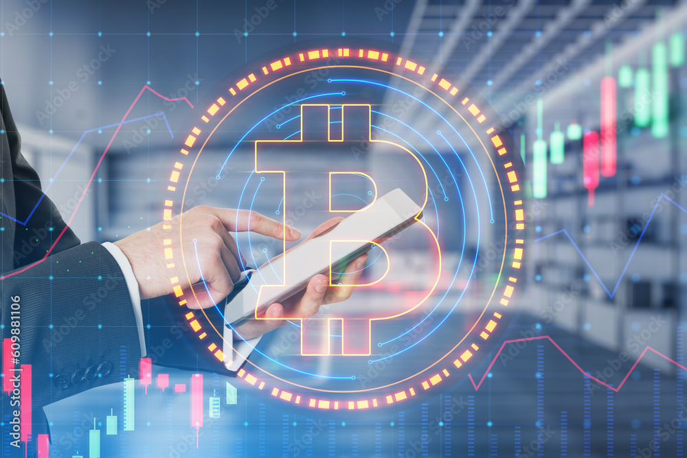 Poster close up of businessman hand using mobile phone with glowing round bitcoin sign and forex chart holo