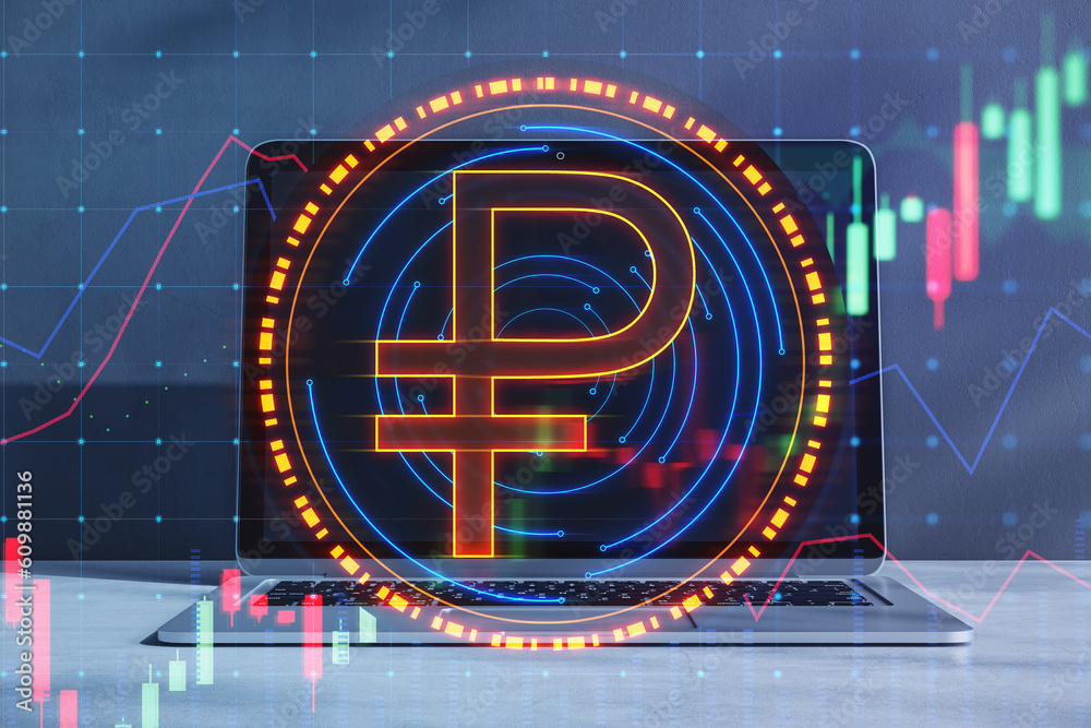 Poster Close up of laptop computer on desk with digital round ruble sign and forex chart on blurry background. Online banking, cryptocurrency and finance concept. Double exposure.