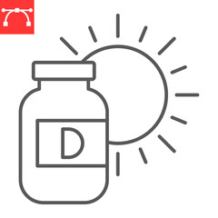 Vitamin D line icon, supplements and health, vitamin D bottle vector icon, vector graphics, editable stroke outline sign, eps 10.