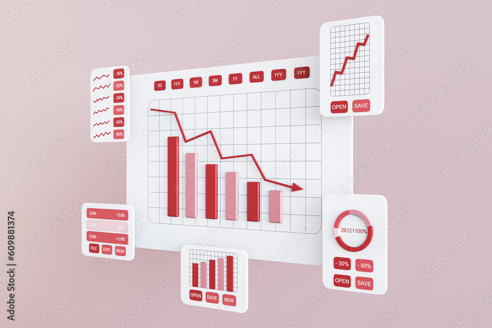 Poster Perspective view on project statistics, financial data, falling sales charts, report preparation and data synchronization white card windows with red graphs on pink wall background. 3D rendering