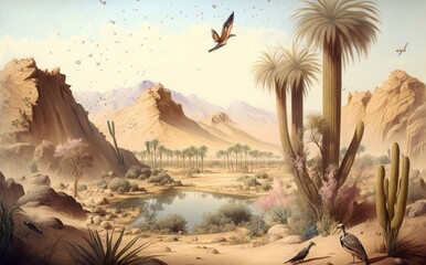 Wallpaper of a desert oasis with valleys, desert birds and butterflies, Generative ai