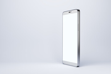 Modern cellphone with blank white screen on light grey background, mockup, 3D Rendering
