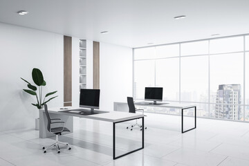 Perspective view of modern empty office interior with concrete floor, white walls and desks with computers, window with city view and furniture. Business background and workspace concept, 3D Rendering