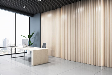 Light slatted wooden blank wall with space for advertising poster or picture frame in stylish office with city view from panoramic window and furniture on concrete glossy floor. 3D rendering, mock up