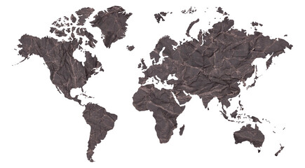 illustration of World map on old dark crumpled grunge paper