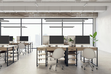 Front view of modern office interior with big window and desks with computers. 3D Rendering