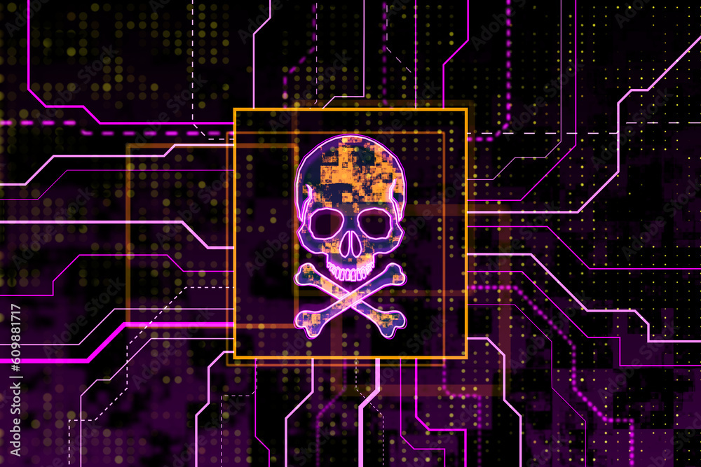 Poster Glowing red skull and bones symbol, dark screen texture background with circuit, hacking attack and piracy concept. 3D Rendering