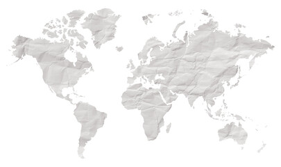 illustration of World map on old white crumpled grunge paper