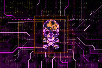 Glowing red skull and bones symbol, dark screen texture background with circuit, hacking attack and piracy concept. 3D Rendering