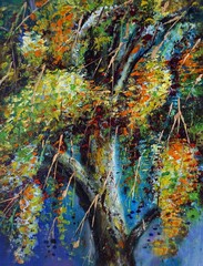 hand painted original impressionism  art oil painting  garden flower  thailand and golden shower tree  