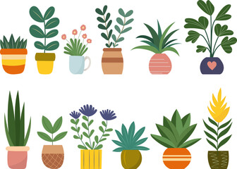 Fototapeta na wymiar set of houseplants in pots in flat style isolated on white background, vector