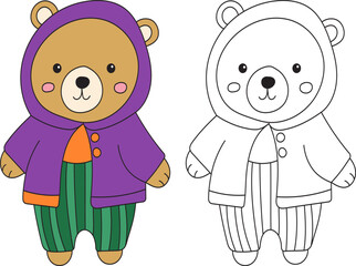 bear in clothes character coloring book, vector