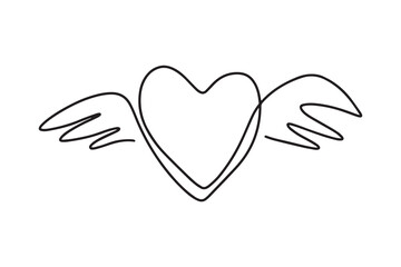 Continuous line drawing. Heart with wings. Valentine's day. Love. Black isolated on white background. Hand drawn vector illustration. 