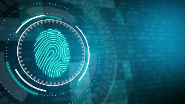 Round button with fingerprint scan. HUD animation of virtual computer cyber security elements on blue background with binary code.
