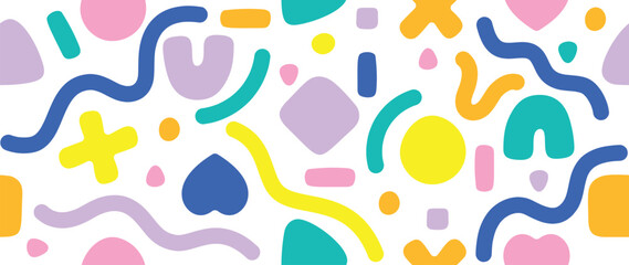 Colorful line doodle in seamless pattern. Abstract art background vector design with childish scribble, heart, circle, dot in vibrant color. Fun creative illustration for kids, fabric, prints, cover.