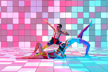 Stylish sportsmen in colorful sportswear doping exercises, stretching against multicolored mosaic...