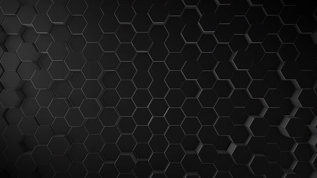 Black background with moving hexagonal cylinders. Abstract 3D animation. Textured volumetric background with shapes.