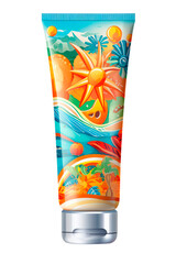 Beautiful tube of sun cream with summer design on cutout PNG transparent background. Generative AI