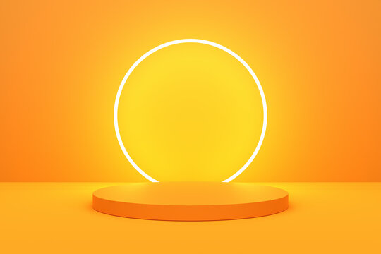 Orange colored background with glowing lights and geometric shapes. Product display mockup. © Cagkan