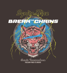 Vintage style T shirt print design featuring a majestic tiger head surrounded by electrifying lightning bolts and captivating slogans