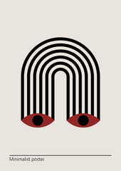 Vector illustration with eyes and arcs. Artwork, minimalist poster design in red and black colors. abstract wall art.