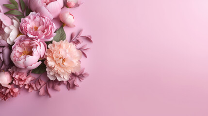 Fototapeta na wymiar Peonies and roses on pink background.