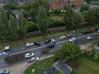 Head-on collision accident. Top view of the road. Severe accident. Traffic accidents on the road. traffic jam