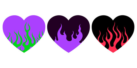 Y2k flaming hearts 00s, 90s style collection fire trendy abstract aesthetic vector compositions, prints and emo graphic design elements. EPS