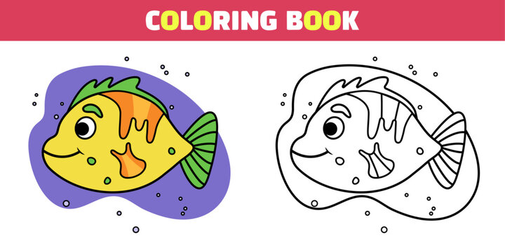 Coloring book for children. Education. Yellow fish with fins in cartoon style. Sea animal. Vector stock illustration.