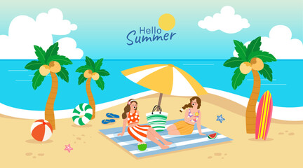 Fototapeta na wymiar people picnic on beach vector. woman, surf board, coconut tree, enjoy summer vacation, relax, chill have fun.