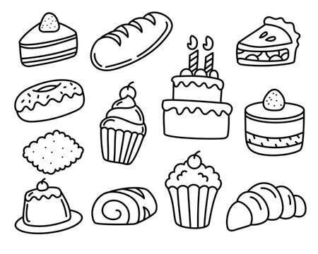 Set of cake doodle illustrations isolated on white background. Hand-drawn cakes vector illustrations