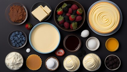 cheesecake ingredients shown individually, wonderful decoration for a pastry shop