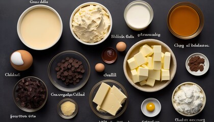 cheesecake ingredients shown individually, wonderful decoration for a pastry shop