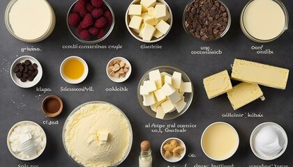 cheesecake ingredients shown individually, wonderful decoration for a pastry shop