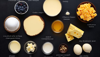 cheesecake ingredients shown individually, wonderful decoration for a pastry shop - obrazy, fototapety, plakaty