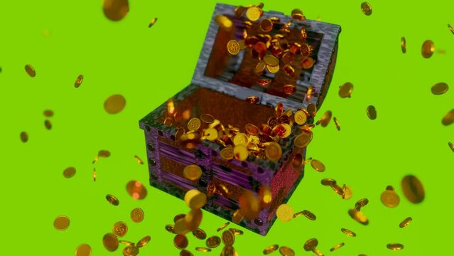old treasure chest opened and many gold coins over 1000 pieces exploded out increase on the greenback.