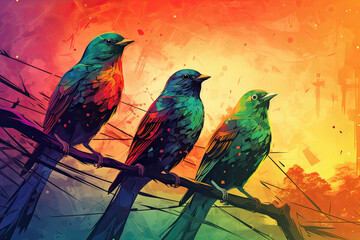 A Kaleidoscope of Colorful Birds: Vibrant Wings Soaring Through a Rainbow Sky. Generative Ai.