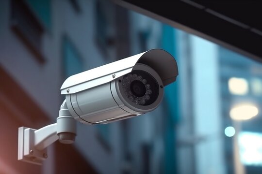Security Camera on Modern Building Professional Surveillance. Generative AI