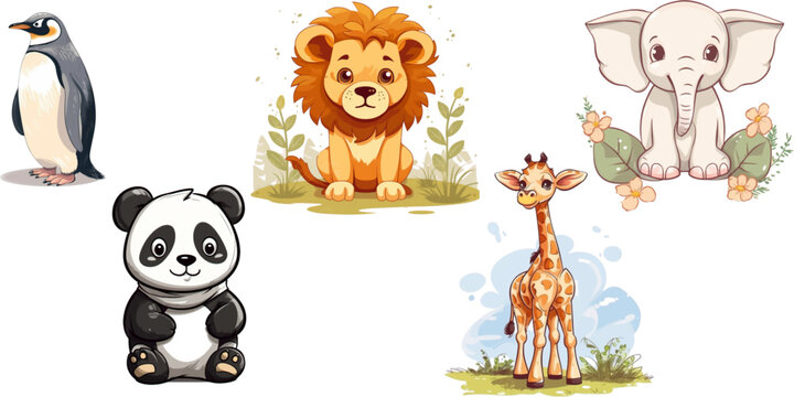Safari Animal set giraffe, penguin, elephant, lion, panda, background