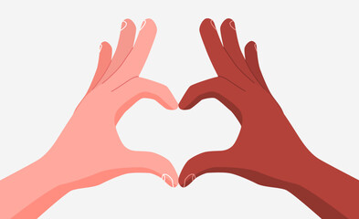 Multiracial hands folded together in a heart shape. The concept of equality and diversity.