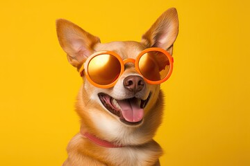 A funny faces dog wearing sunglasses in the studio. Generative ai.