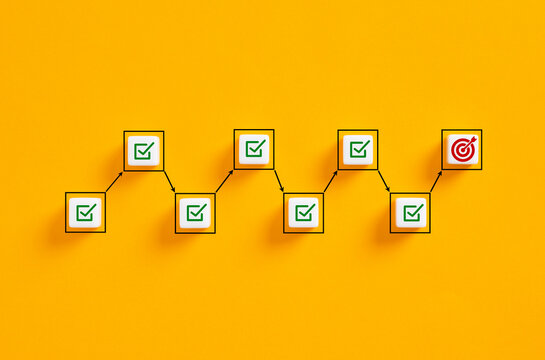 Business goal achievement, workflow and task completion flowchart. Managing project timeline.