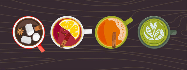 Hot drinks. Hot chocolate with marshmallow, apple cider, mulled wine or tea, green matcha tea. Flat Lay Hot drink with spices on brown wooden table. Colorful Vector illustration for menu, recipes.